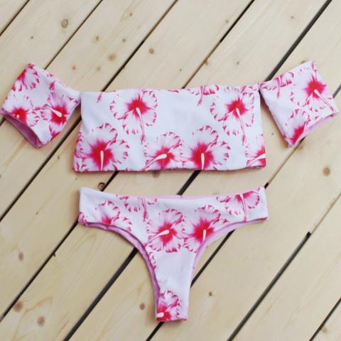 Red Off-shoulder Tropical Hibiscus Floral Print Bikini
