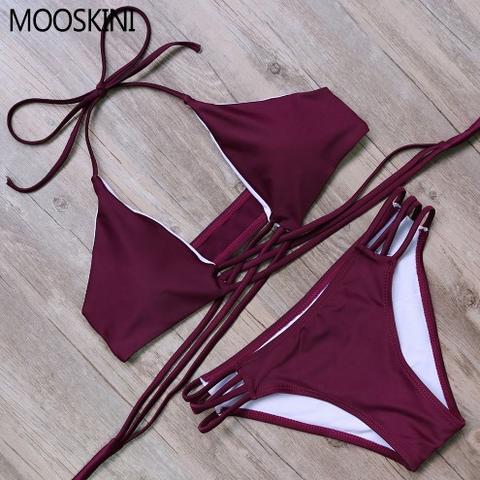 Sexy Women Pure Color Red Back Knot Bottom Hollow Two Piece Bikini on ...