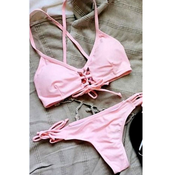 Fashion Hollow Out Two Piece Pure Color Chest Knot Bikinis Pink