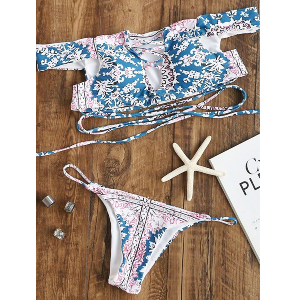 Purple Floral Print Short Sleeves Strapless Bandage Chest Cross Hollow Retro Two Piece Bikini