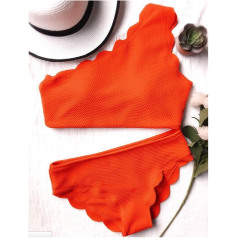 High Waist Scalloped One Shoulder Straps Two Piece Bikini Orange