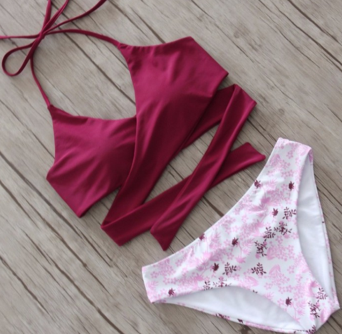 Upper Wine-red Back Knot And Bottom Pink Print Floral Two Piece Bikini