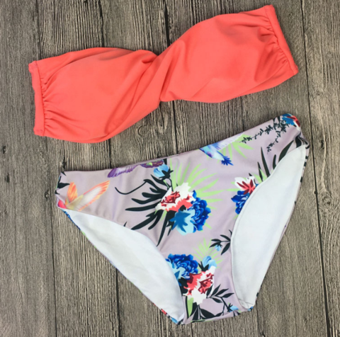 Red Strapless And Print Bottom Two Piece Bikini Sets