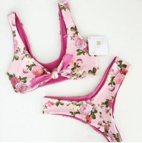 Pink Sexy Chest Bowknot Floral Print Two Piece Bikini Set