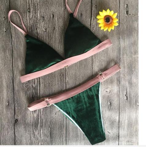 Fashion Women Velvet Green Two Piece Bikini Suit Edge Splicing Pink