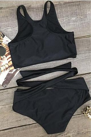 Pure Color High Neck Black One Piece Vest Type Bikini Bottom Open Swimsuit