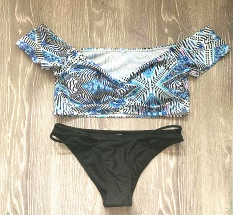 Sexy Off-shoulder Short Sleeve Blue Print And Bottom Black Side Hollow Two Piece Bikini