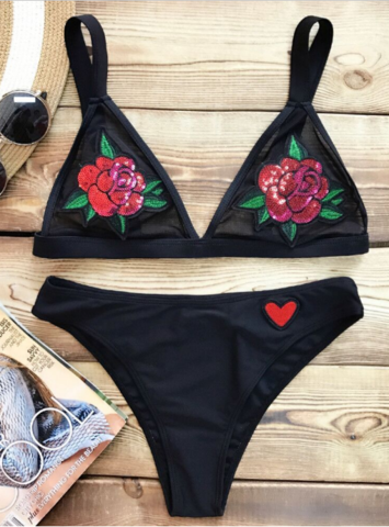 Fashion Black Chest Rose Three-point Swimsuit Two Piece Bikini