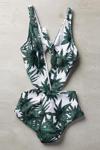 Green Leaf Print Dark V Show Thin One Piece Bikini