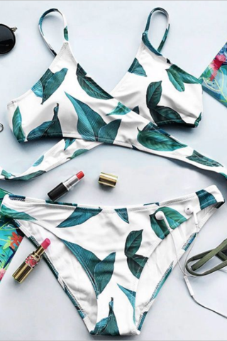 Background White With Green Leaf Print Chest Straps Cross Two Piece Bikini