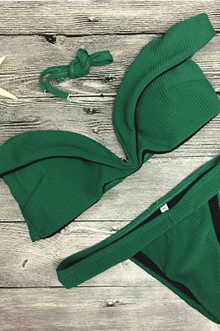 Pure Dark Green Strapless Lotus Two Piece Bikini