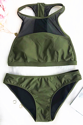 Army Green High Neck Splicing Gauze Two Piece Bikini