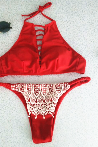 Fashion red women chest hollow halter high neck lace white two piece bikini