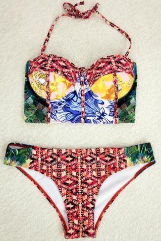 Fashion Colorful Print Gather Type Halter Back Knot Two Piece Bikini
