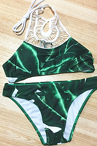 High Neck Lace Halter Green Leaf Print Two Piece Bikini