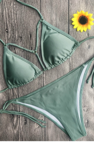 Sexy Pure Gray Green Four Knot Halter Show Body Two Piece Bikini