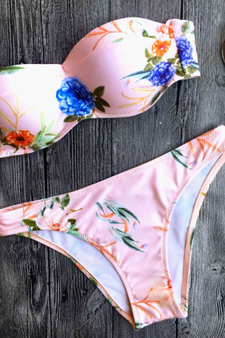 Fashion Pink Floral Print Strapless Two Piece Bikini Gather Type