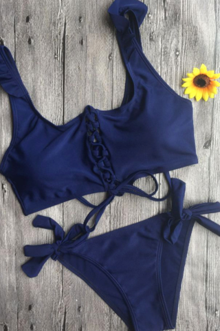 The Fashion Pure Navy Blue Chest Lace Bottom Side Knot Two Piece Bikini