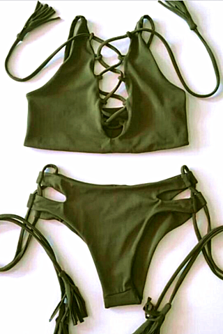 Hoe Pure Army Green Tassel Chest Cross Knot Two Piece Bikini