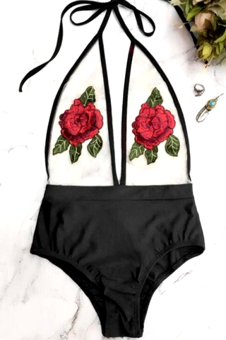 Sexy Black Splicing Gauze Perspective Chest Two Red Rose Embroidery Deep V Halter One Piece Bikini Shoe Thin