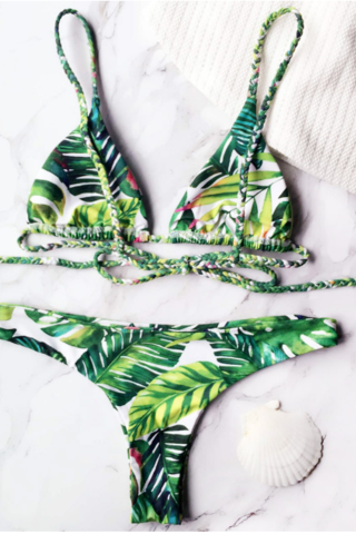 Green White Leaf Print Braid Cross Two Knot Piece Bikini