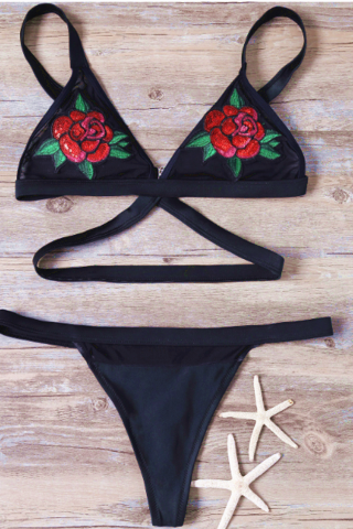 Sexy Black Two Rose Red Embroidery Chest Straps Cross Two Piece Bikini