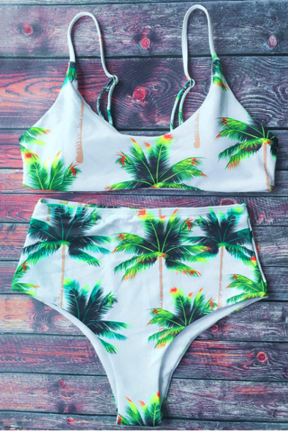 The new fashion white green coconut tree print high waist two piece bikini