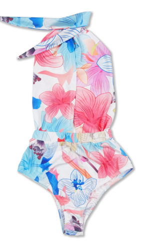 Sexy Fashion Colorful Flower Print Halter Neck Cross Backless One Piece Bikini Show Thin
