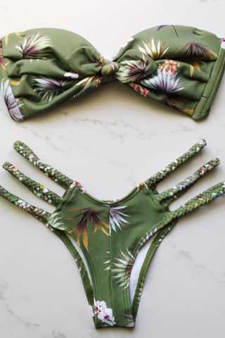 Green floral print strapless bow shape bottom side braid hollow two piece bikini