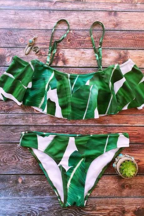 Sexy Green Leaf Print Off Shoulder Two Piece Bikini