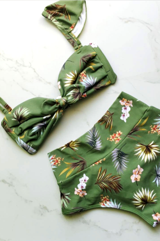Green Floral Print High Waist Bow Shape Two Piece Bikini