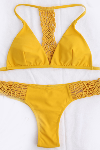 Fashion weave back straps two piece yellow bikini set