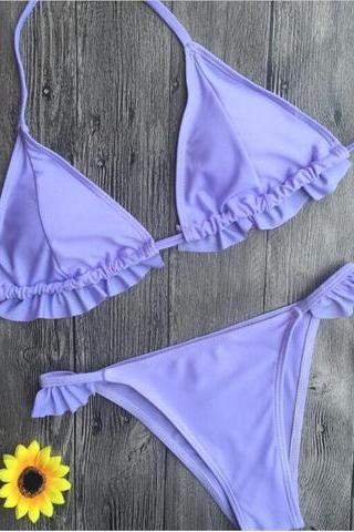 The Sexy Halter Back Knot Pure Light Purple Pleated Edge Lotus Two Piece Bikini