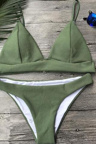 Fashion Pure Army Green Line Two Piece Bikini Swimsuit