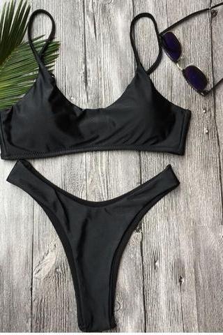 Simple Pure Black Fashion Two Piece Vest Bikini