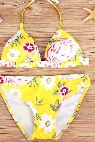 Cute fashion yellow floral print halter two piece bikini