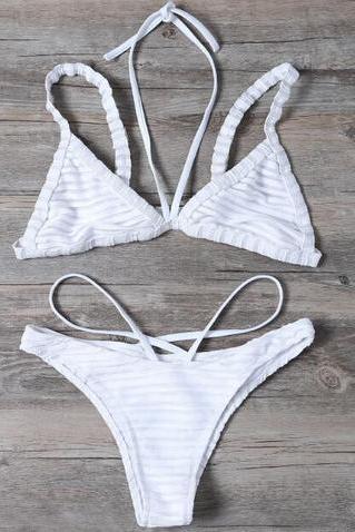 Sexy Pure White Stripe Splicing Gauze Halter Two Straps Bottom Side Open Two Piece Bikini