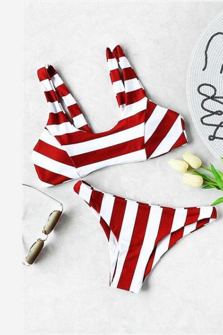 Sexy hot red white stripe two piece bikini vest type swimsuit