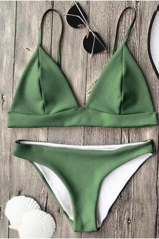 Fashion pure army green line two piece bikini swimsuit