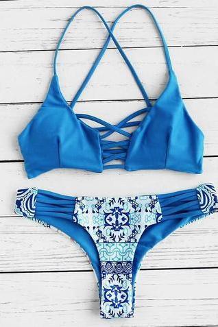 Fashion sexy hot sale chest cross hollow two piece bikini bath suit Show thin Blue