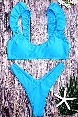 Fashion Women Blue Lotus Pleated Edge Bottom V Shape Two Piece Bikini
