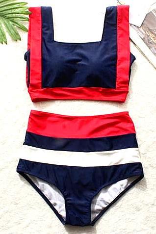 Sexy White Red Navy Blue Splicing Color Vest High Waist Two Piece Bikini