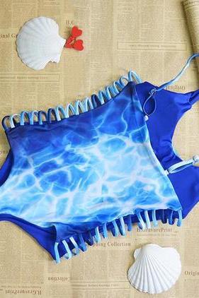 Sexy Blue Gradient Side Hollow One Piece Bikini Show Thin