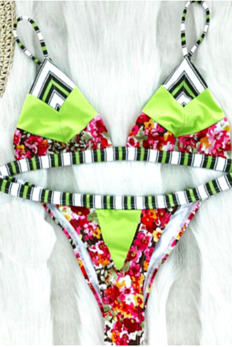 Fashion Sexy Straps Print Flower Stripe Splicing Straps Two Piece Bikini