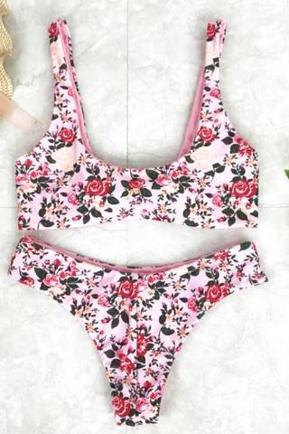 Sexy Cute Pink Floral Print Vest Type Two Side Wear Knot Two Piece Bikini