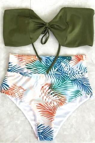Fashion Upper Green Bow Bottom High Waist White Green Leaf Print Two Piece Bikini