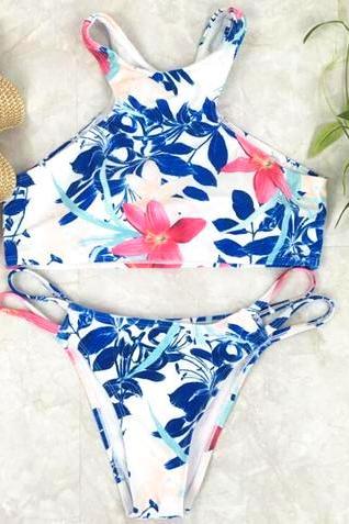 Fashion background white blue red floral print high neck bottom side open two piece bikini