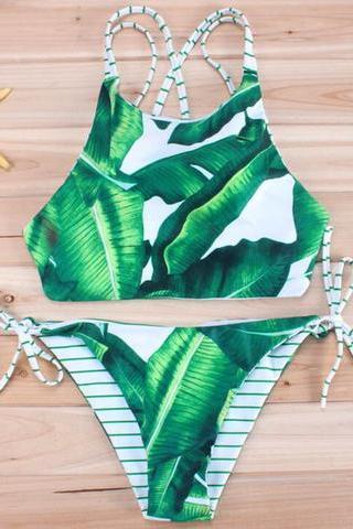 Fashion Women Green Leaf Print High Neck Two Straps White Green Stripe Bottom Side Knot Two Piece Bikini