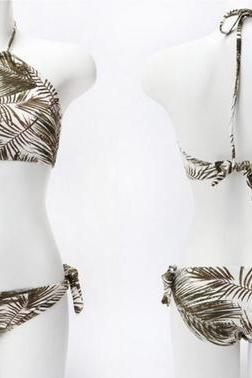 Fashion women halter four knot high neck coconut tree print two piece bikini