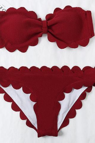 Sexy Pure Red Scalloped Bow Two Piece Bikini Strapless
